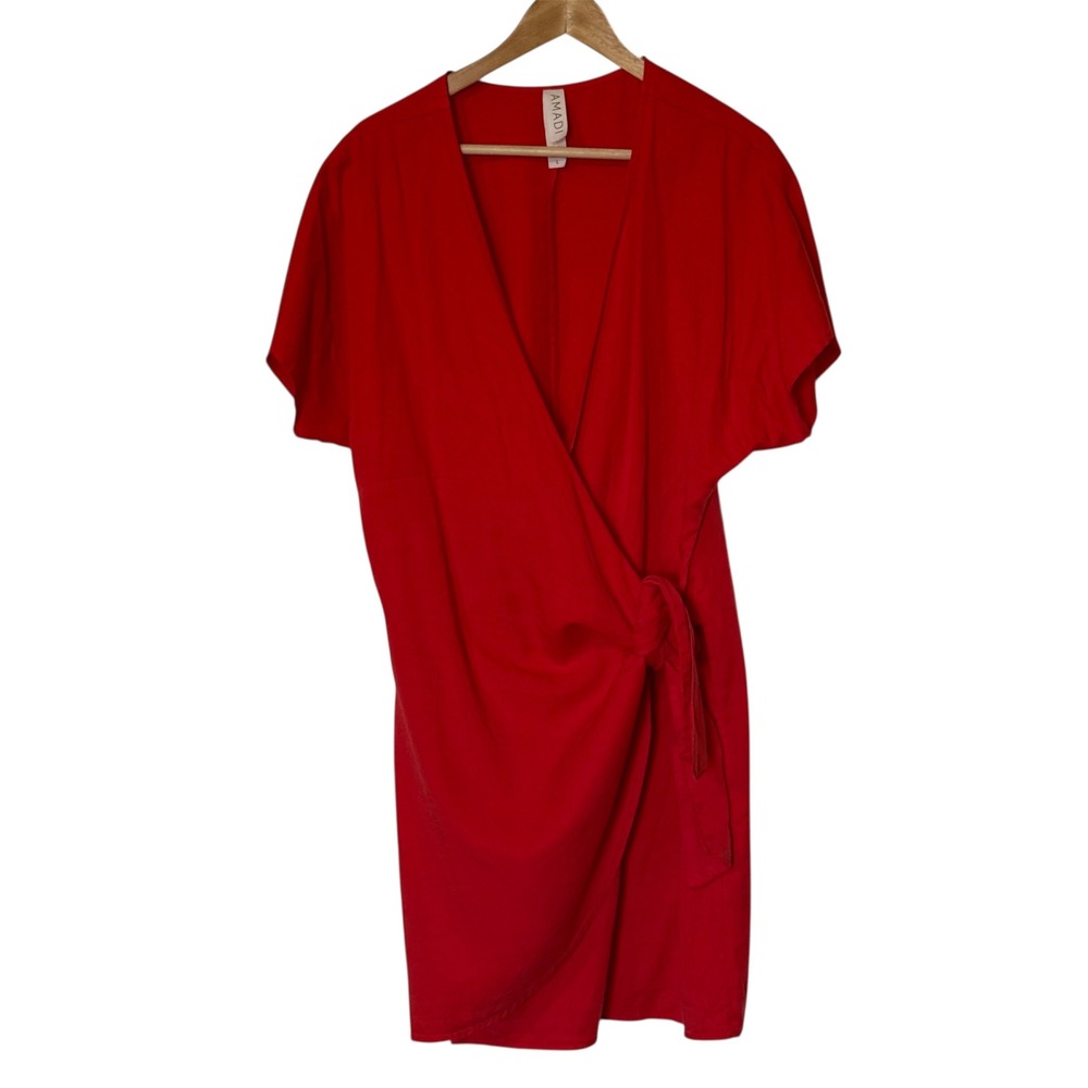 AMADI Anthropologie Red‎ Wrap V Neck Short Sleeve Tie Waist Dress USA Size L
